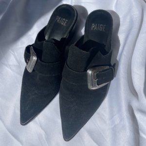 Paige Black Suede Mule Heels with Silver Buckle